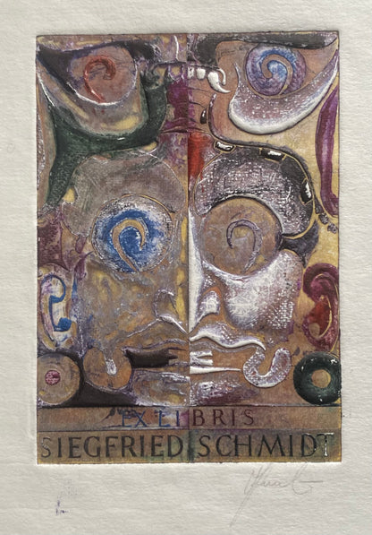 Antanas Kmieliauskas | Ekslibris Siegfried Schmidt | Pop., autorinė technika (spalv. tekstolito estampas), 11x7,8 (22,5x17,5)