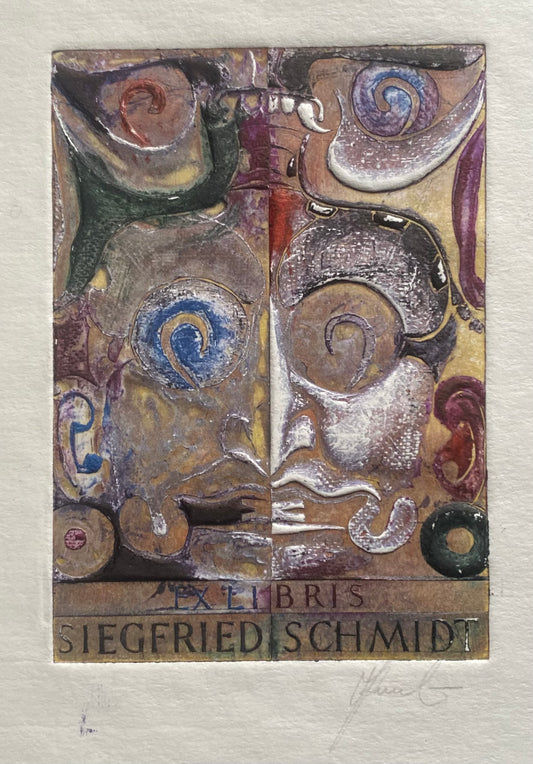 Antanas Kmieliauskas | Ekslibris Siegfried Schmidt | Pop., autorinė technika (spalv. tekstolito estampas), 11x7,8 (22,5x17,5)