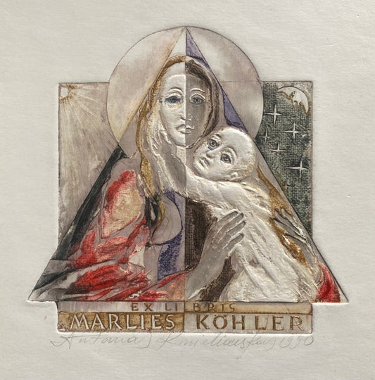 Antanas Kmieliauskas | Ekslibris Marlies Köhler, 1990 | Pop., autorinė technika (spalv. tekstolito estampas), 8,8x9,4 (19,5x19,5)