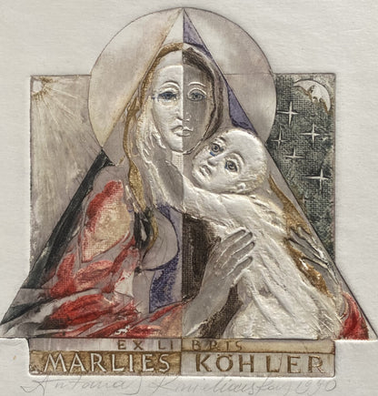 Antanas Kmieliauskas | Ekslibris Marlies Köhler, 1990 | Pop., autorinė technika (spalv. tekstolito estampas), 8,8x9,4 (19,5x19,5)