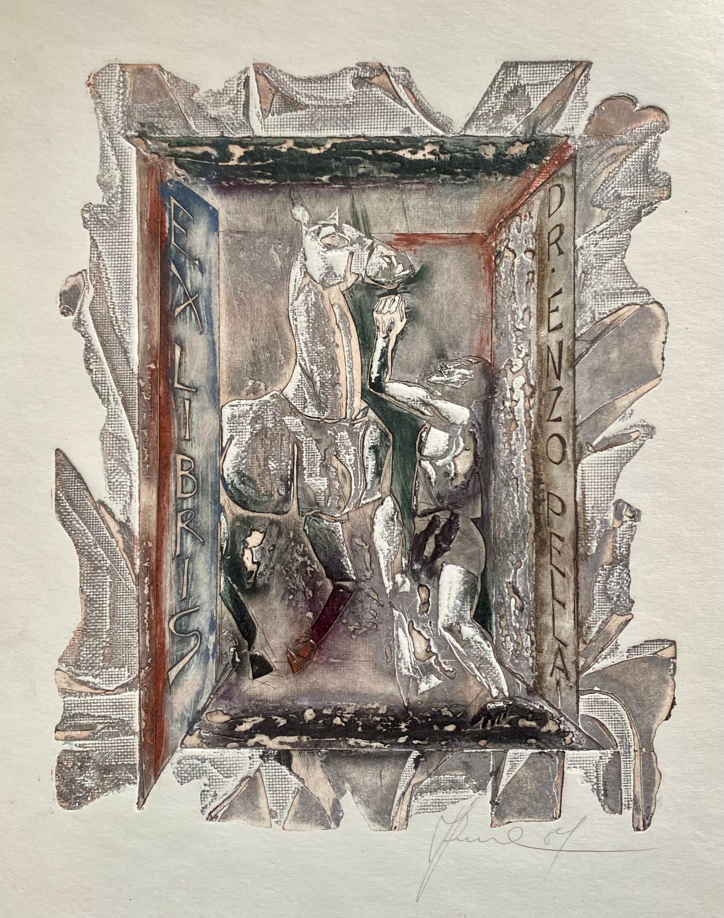 Antanas Kmieliauskas | Ekslibris Dr. Enzo Pellai, 1984 | Pop., autorinė technika (spalv. tekstolito estampas), 16x12 (24x18)