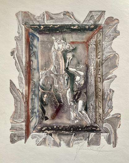 Antanas Kmieliauskas | Ekslibris Dr. Enzo Pellai, 1984 | Pop., autorinė technika (spalv. tekstolito estampas), 16x12 (24x18)