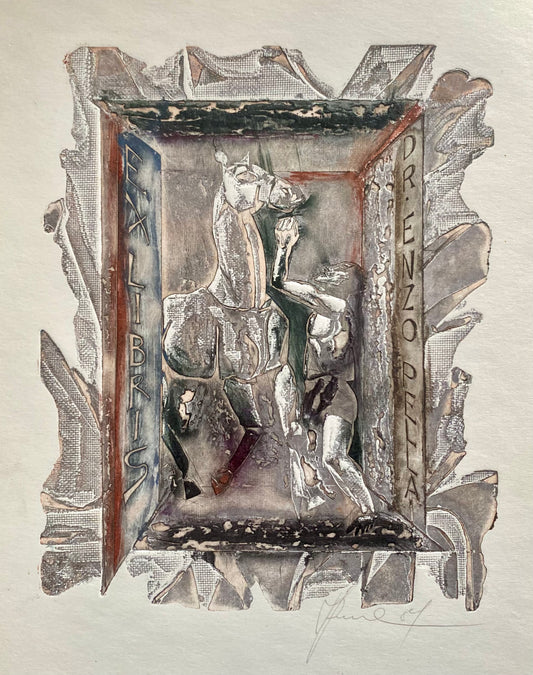 Antanas Kmieliauskas | Ekslibris Dr. Enzo Pellai, 1984 | Pop., autorinė technika (spalv. tekstolito estampas), 16x12 (24x18)