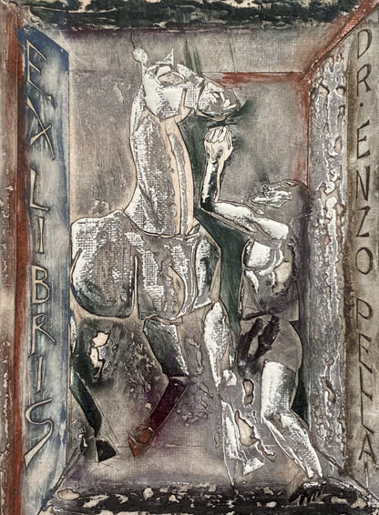 Antanas Kmieliauskas | Ekslibris Dr. Enzo Pellai, 1984 | Pop., autorinė technika (spalv. tekstolito estampas), 16x12 (24x18)