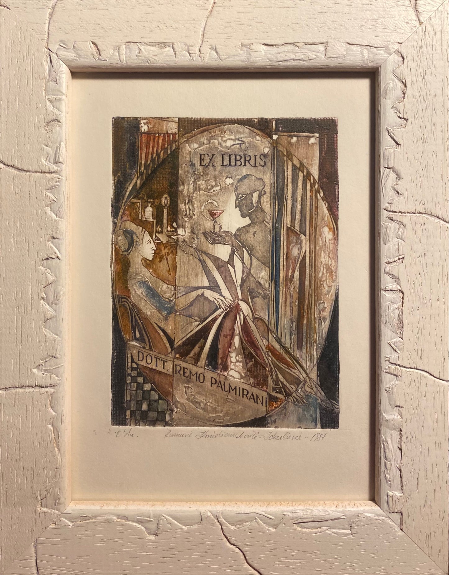 Ramunė Kmieliauskaitė | Ekslibris Remo Palmirani, 1987 | Pop., autorinė technika (spalv. tekstolito estampas), 12,3x9,1 (22,5x17,5)