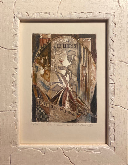 Ramunė Kmieliauskaitė | Ekslibris Remo Palmirani, 1987 | Pop., autorinė technika (spalv. tekstolito estampas), 12,3x9,1 (22,5x17,5)