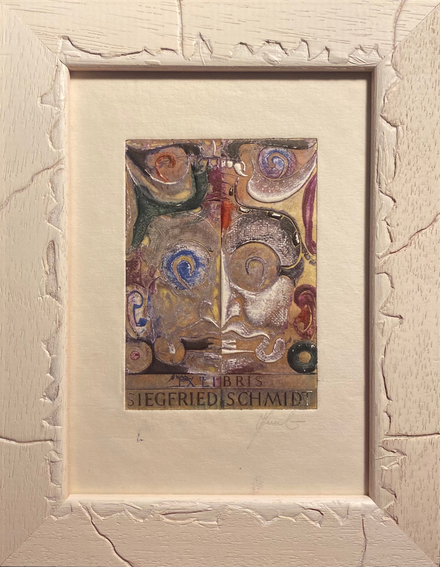 Antanas Kmieliauskas | Ekslibris Siegfried Schmidt | Pop., autorinė technika (spalv. tekstolito estampas), 11x7,8 (22,5x17,5)