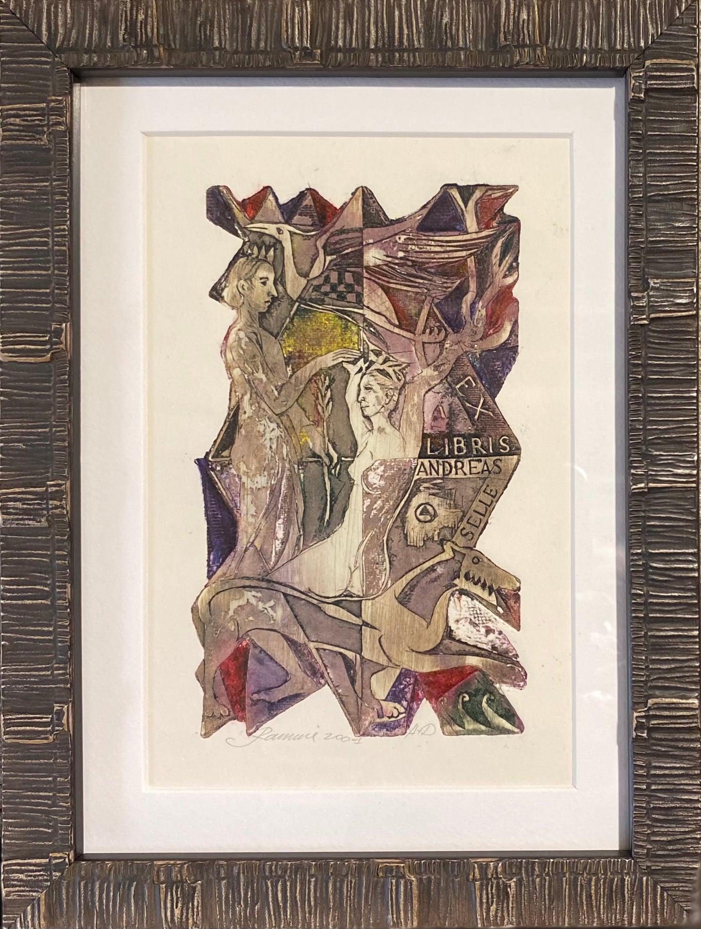 Ramunė Kmieliauskaitė | Ekslibris Andreas Selle, 2001 | Pop., autorinė technika (spalv. tekstolito estampas),  14x8,7 (24x18)