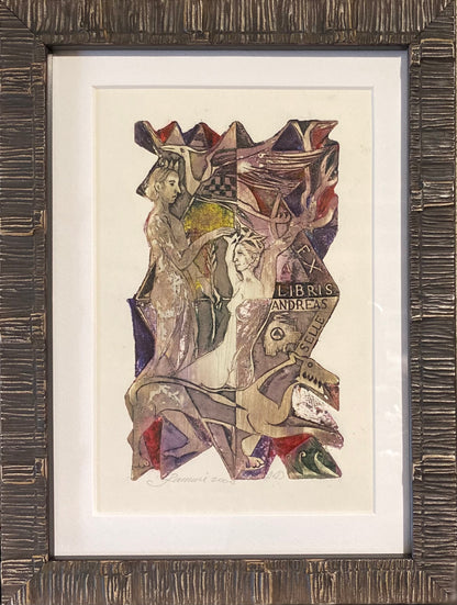 Ramunė Kmieliauskaitė | Ekslibris Andreas Selle, 2001 | Pop., autorinė technika (spalv. tekstolito estampas),  14x8,7 (24x18)