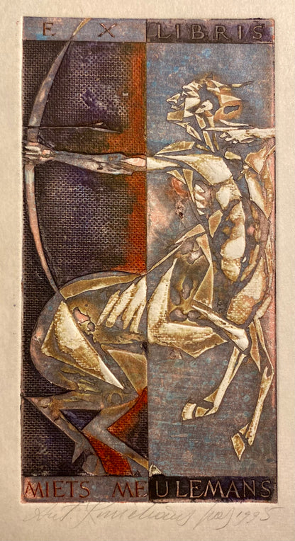 Antanas Kmieliauskas | Ekslibris Miets Meulemans, 1995 | Pop., autorinė technika (spalv. tekstolito estampas), 12,5x6,5 (25x19)