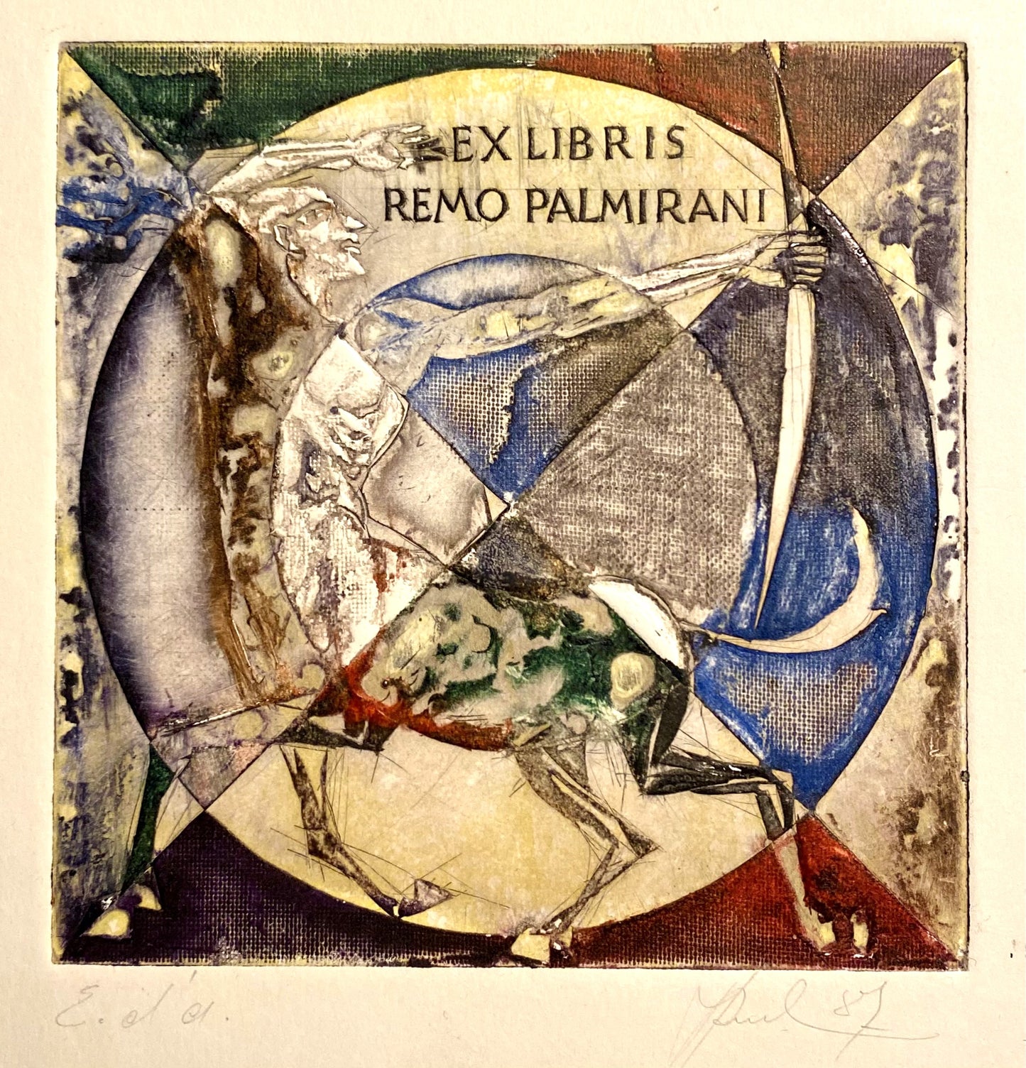 Antanas Kmieliauskas | Ekslibris Remo Palmirani, 1987 | Pop., autorinė technika (spalv. tekstolito estampas), 10,5x10,5 (20x20)