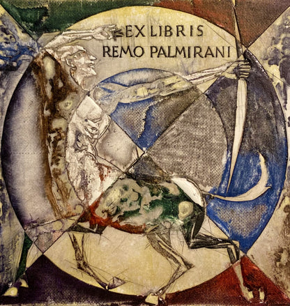Antanas Kmieliauskas | Ekslibris Remo Palmirani, 1987 | Pop., autorinė technika (spalv. tekstolito estampas), 10,5x10,5 (20x20)