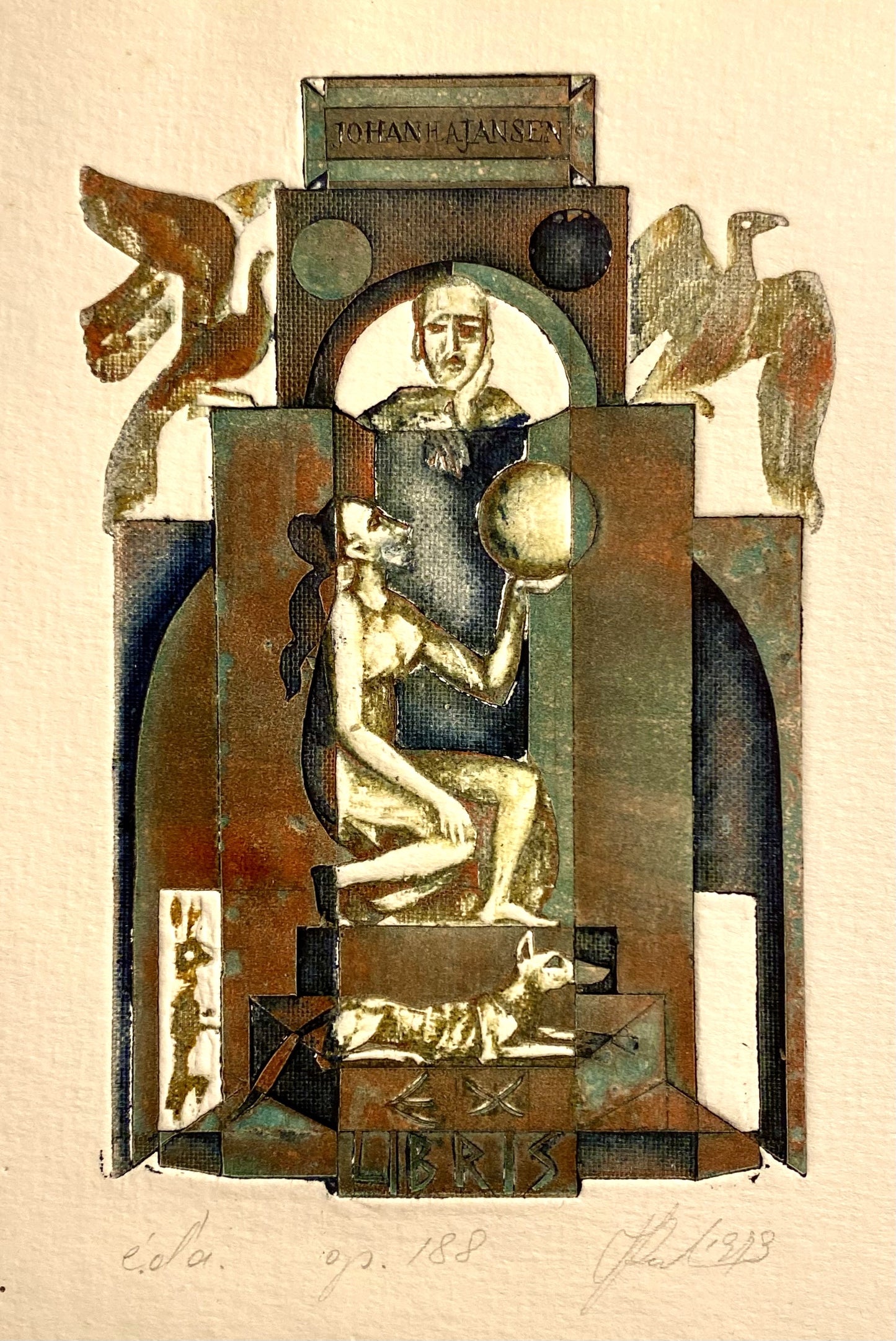 Antanas Kmieliauskas | Ex Libris Johan H.A. Jansen, 1973 | Paper, author's technique (coloured textile lithograph), 12,5x8,5