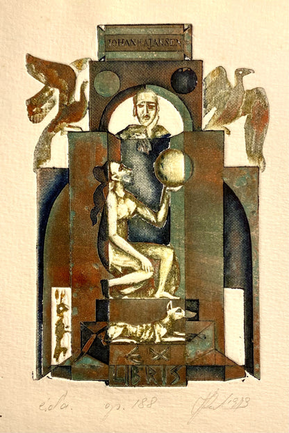 Antanas Kmieliauskas | Ex Libris Johan H.A. Jansen, 1973 | Paper, author's technique (coloured textile lithograph), 12,5x8,5