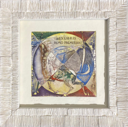 Antanas Kmieliauskas | Ekslibris Remo Palmirani, 1987 | Pop., autorinė technika (spalv. tekstolito estampas), 10,5x10,5 (20x20)
