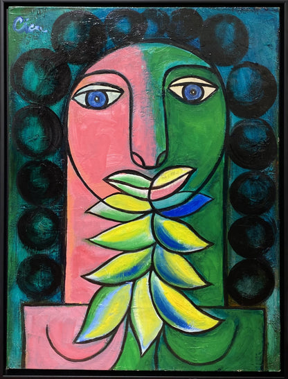 Linas Cicėnas-CICA | Moters galva ir orchidėja | Aliejus, drobė, 80x60 (85x65)