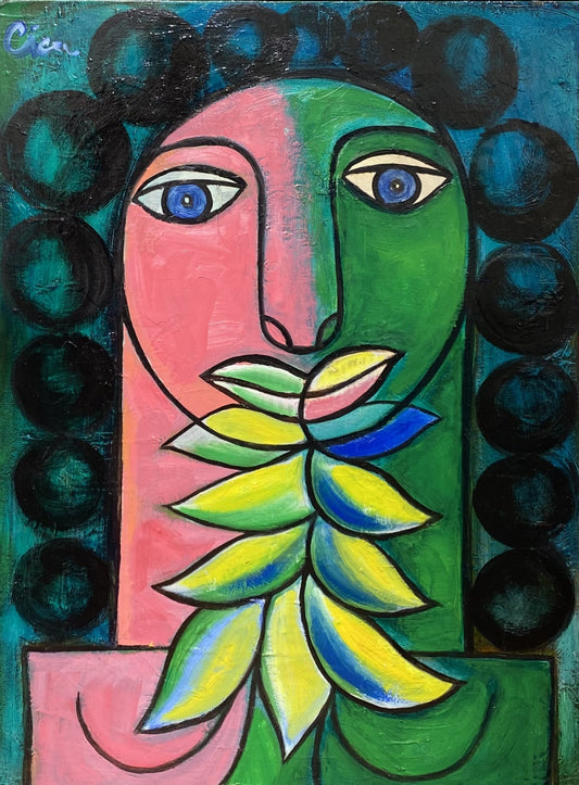 Linas Cicėnas-CICA | Moters galva ir orchidėja | Aliejus, drobė, 80x60 (85x65)