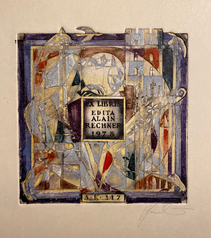Antanas Kmieliauskas | Ekslibris Edita Alain Rechner, 1978 | Pop., autorinė technika (spalv. tekstolito estampas), 9,7x9,7  (21,5x21,5)