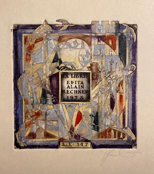 Antanas Kmieliauskas | Ekslibris Edita Alain Rechner, 1978 | Pop., autorinė technika (spalv. tekstolito estampas), 9,7x9,7  (21,5x21,5)