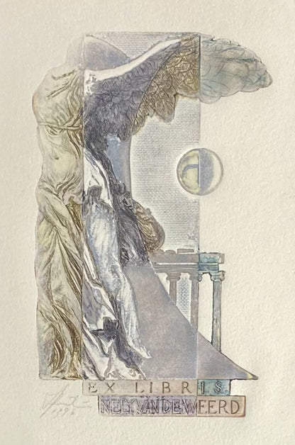 Antanas Kmieliauskas | Exlibris Nely Van De Weerd, 1996 | Paper, author's technique (coloured textile lithograph), 13,5x8,5 (24x18)