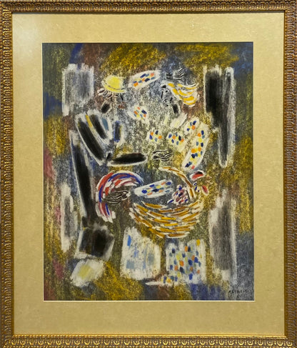 Vytautas Kasiulis | A couple and a rooster in a barn, 1950 | Pastel on paper, 65x53 (86x73)