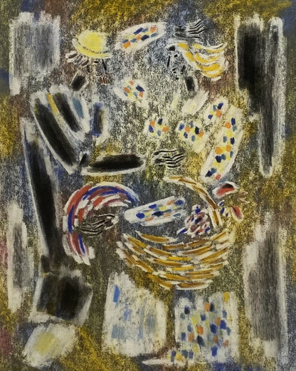 Vytautas Kasiulis | A couple and a rooster in a barn, 1950 | Pastel on paper, 65x53 (86x73)