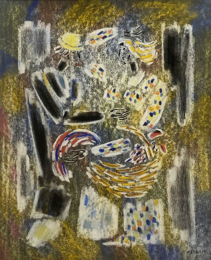 Vytautas Kasiulis | A couple and a rooster in a barn, 1950 | Pastel on paper, 65x53 (86x73)