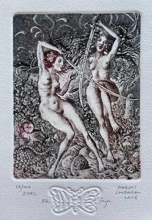 Marius Liugaila |  Duel. Ex Libris Dr. Wolfgang Pungs, 2006 | Etching, Aquatint, 12,6x9,7 (28x23)