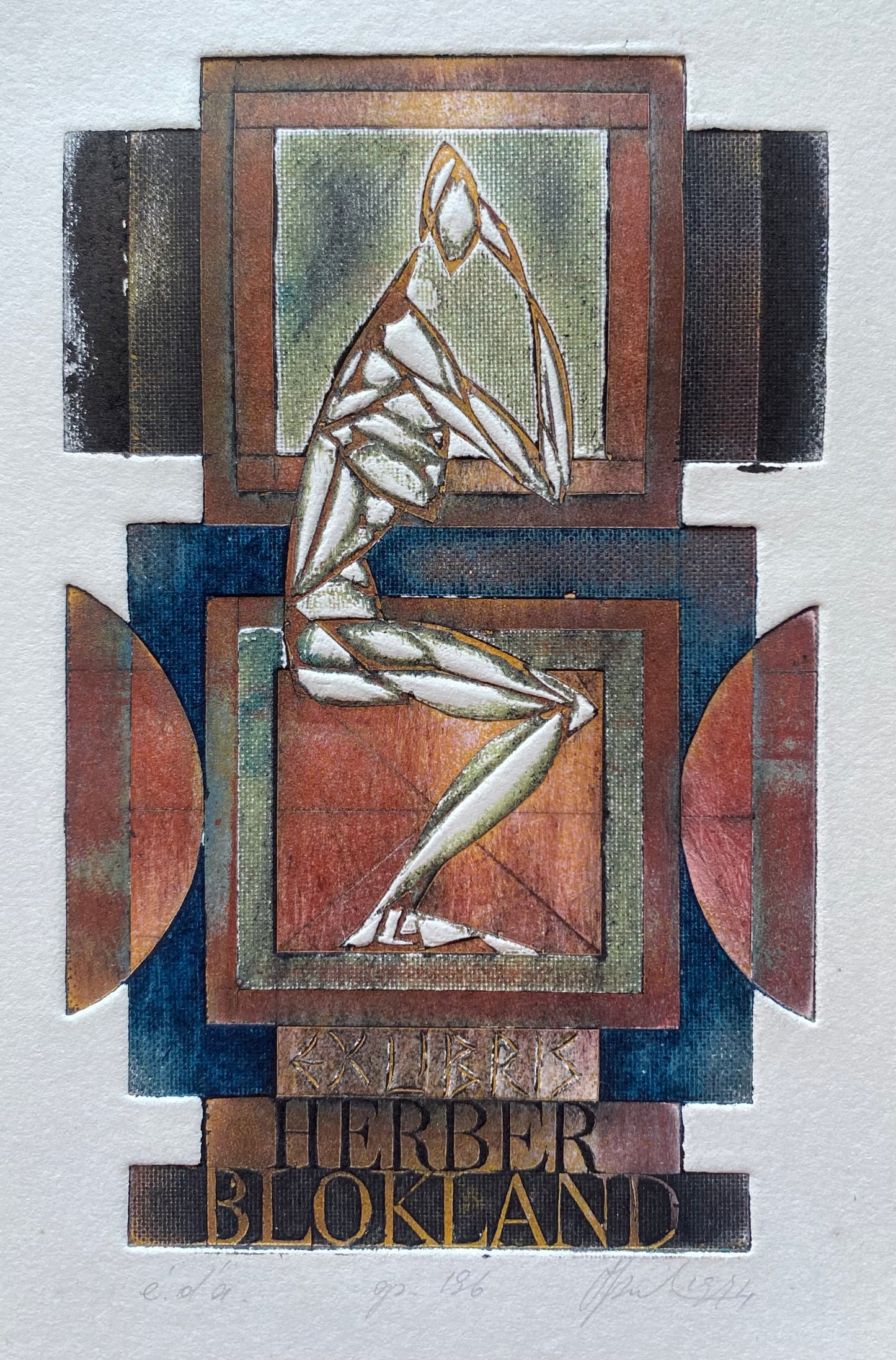 Antanas Kmieliauskas | Ekslibris Herber Blokland, 1974 | Pop., autorinė technika (spalv. tekstolito estampas), 13,3x8,5 (24x18)
