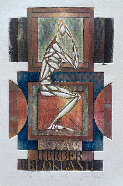 Antanas Kmieliauskas | Ekslibris Herber Blokland, 1974 | Pop., autorinė technika (spalv. tekstolito estampas), 13,3x8,5 (24x18)