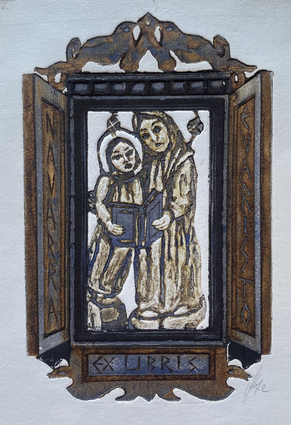 Antanas Kmieliauskas | Ekslibris Navarra Evaristo, 1972 | Pop., autorinė technika (spalv. tekstolito estampas), 15,8x10 (24x18)