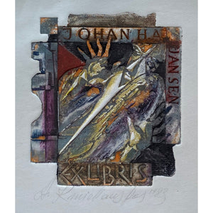 Antanas Kmieliauskas | Ex Libris Johan H.A. Jansen, 1983 | Paper, author's technique (coloured textile lithograph), 7,9x6,8 (17,5x17,5)