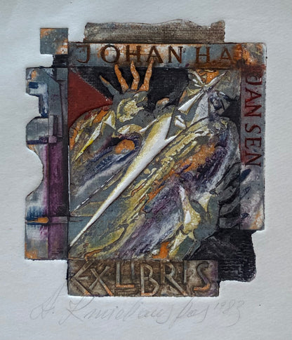 Antanas Kmieliauskas | Ekslibris Johan H.A. Jansen, 1983 | Pop., autorinė technika (spalv. tekstolito estampas), 7,9x6,8 (17,5x17,5)