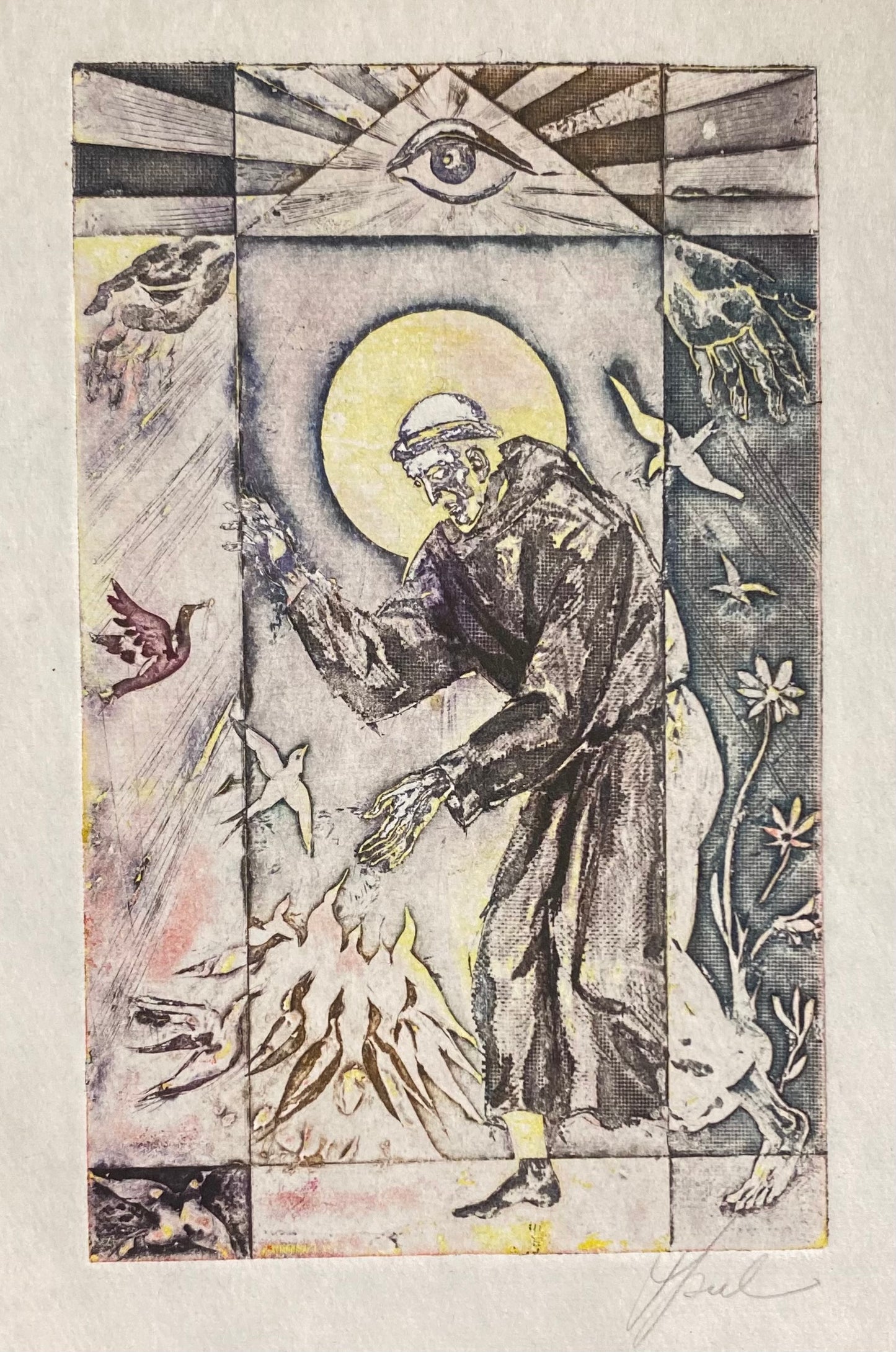 Antanas Kmieliauskas | St. Francis and the Birds  | Paper, author's technique (coloured textile lithograph), 13x8 (25,5x19,5)