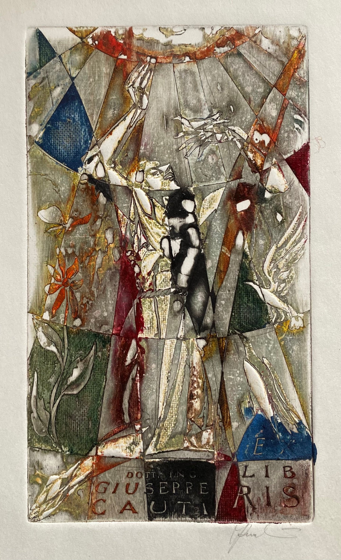 Antanas Kmieliauskas | Ekslibris Giuseppe Cauti | Pop., autorinė technika (spalv. tekstolito estampas), 16x9 (25x19)