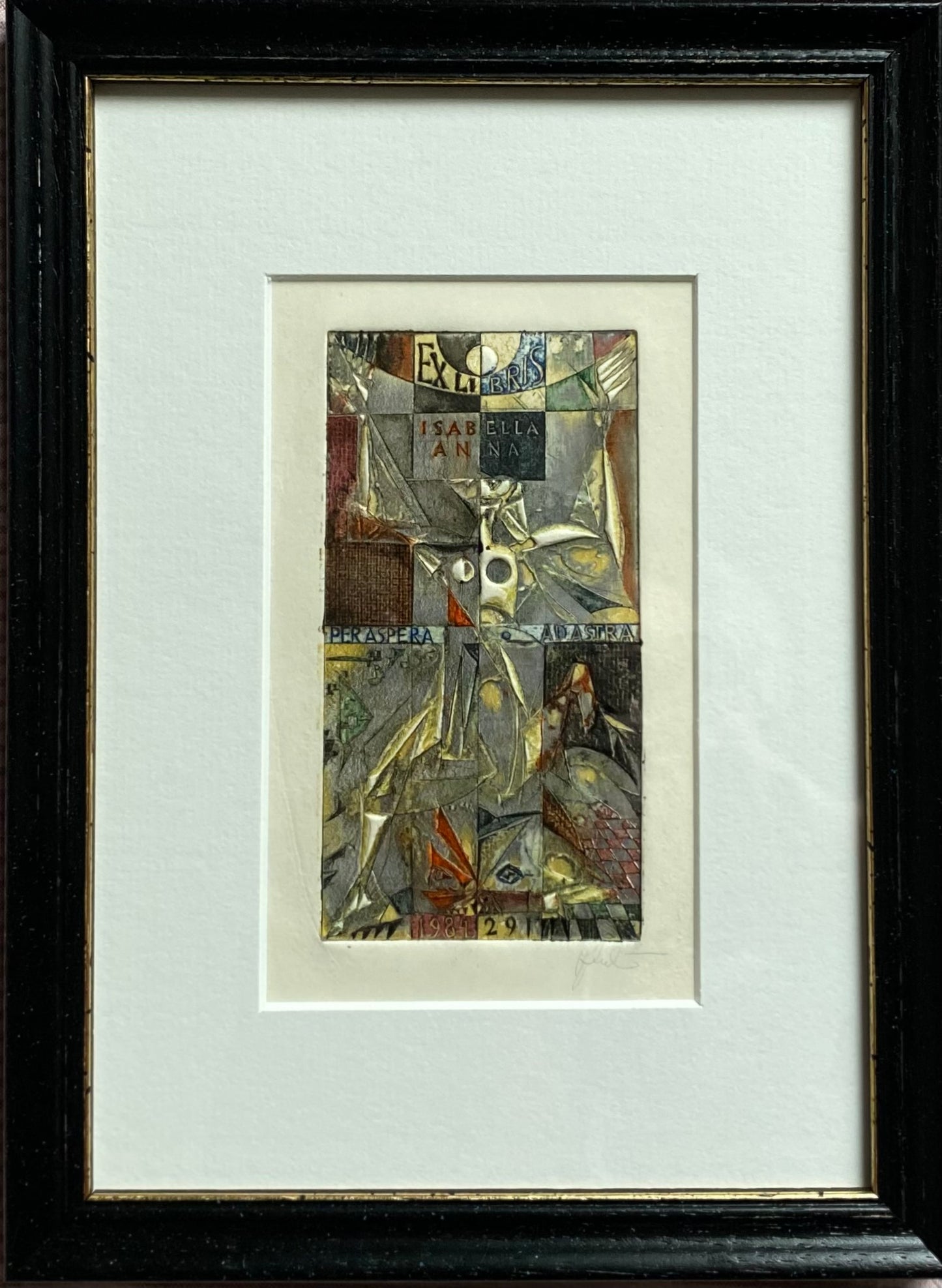 Antanas Kmieliauskas | Ad astera per astra. Ekslibris Isabella Anna, 1984 | Pop., autorinė technika (spalv. tekstolito estampas), 11,4x6 (23.5x17)