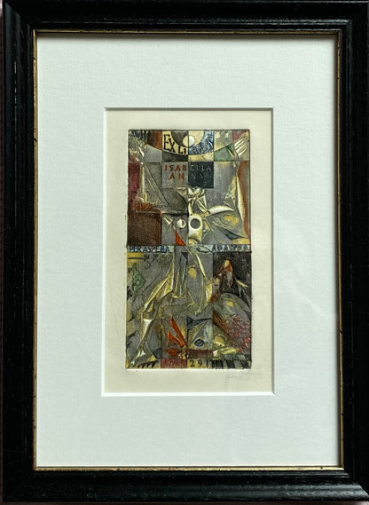 Antanas Kmieliauskas | Ad astera per astra. Ekslibris Isabella Anna, 1984 | Pop., autorinė technika (spalv. tekstolito estampas), 11,4x6 (23.5x17)