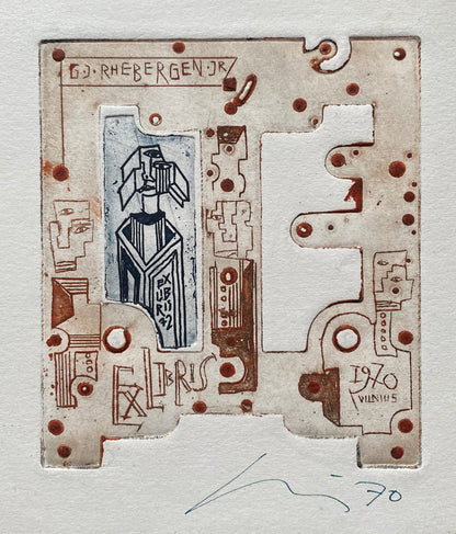 Vincas Kisarauskas | Ekslibris G. J. Rhebergen jr, 1970 | Ofortas, 10,7x9,5 (17,5x17,5)