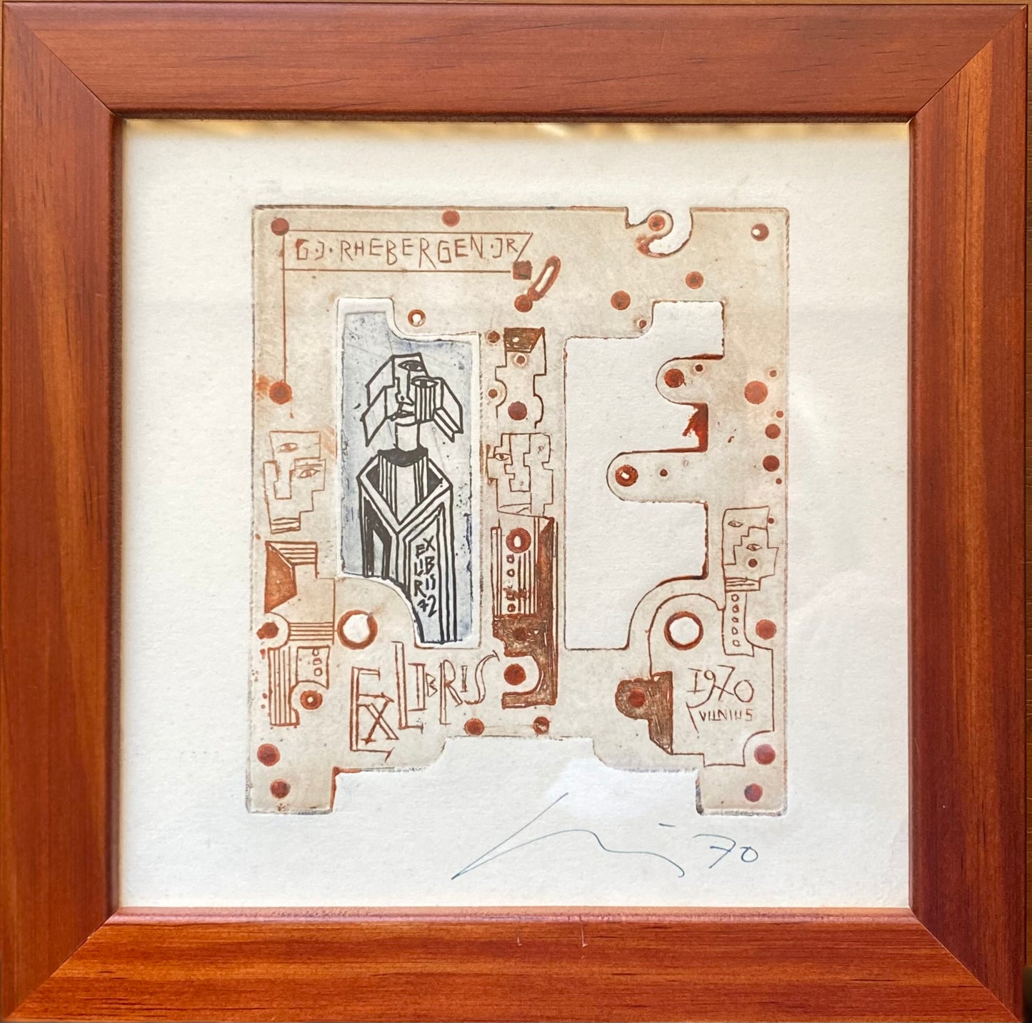 Vincas Kisarauskas | Ekslibris G. J. Rhebergen jr, 1970 | Ofortas, 10,7x9,5 (17,5x17,5)