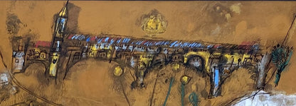 Theo Tobiasse | Cheval Peureux a l'heure de Ponte Vecchio / Baugus arklys Ponte Vecchio valandą, 1964 | Guašas, tušas, popierius, 48x64 (69x84)