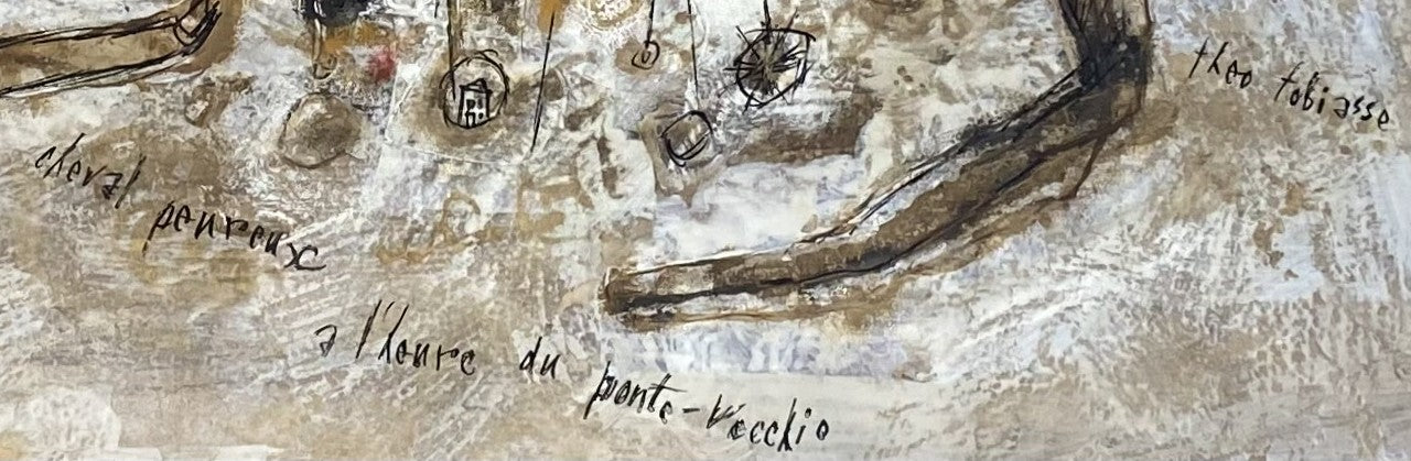 Theo Tobiasse | Cheval Peureux a l'heure de Ponte Vecchio / Baugus arklys Ponte Vecchio valandą, 1964 | Guašas, tušas, popierius, 48x64 (69x84)