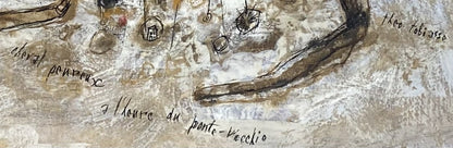 Theo Tobiasse | Cheval Peureux a l'heure de Ponte Vecchio / Baugus arklys Ponte Vecchio valandą, 1964 | Guašas, tušas, popierius, 48x64 (69x84)