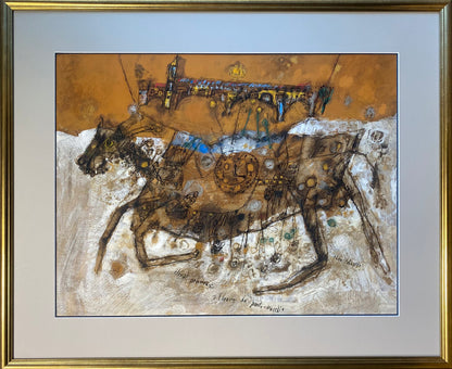 Theo Tobiasse | Cheval Peureux a l'heure de Ponte Vecchio / Baugus arklys Ponte Vecchio valandą, 1964 | Guašas, tušas, popierius, 48x64 (69x84)