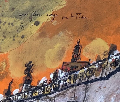 Theo Tobiasse | Un fleur rouge sur le Tibre / Raudona gėlė virš Tibro, 1968 | Guašas, tušas, popierius, 50x66 (72,5x88,5)