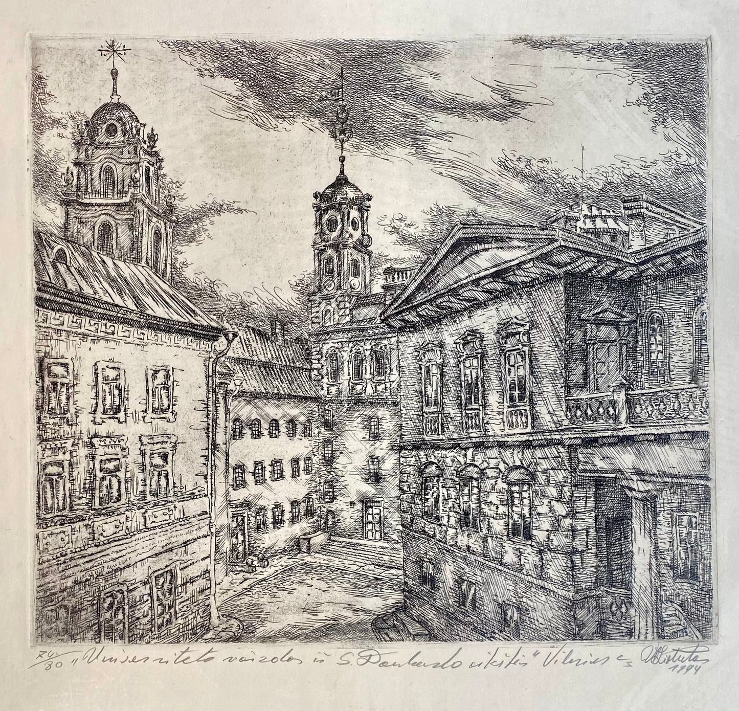 Vladas Liatukas | Universiteto vaizdas iš S. Daukanto aikštės, 1994 | Ofortas, 74/80, 27,5x31