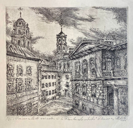 Vladas Liatukas | View of the university from S. Daukanto Square, 1994 | Etching, 74/80, 27,5x31