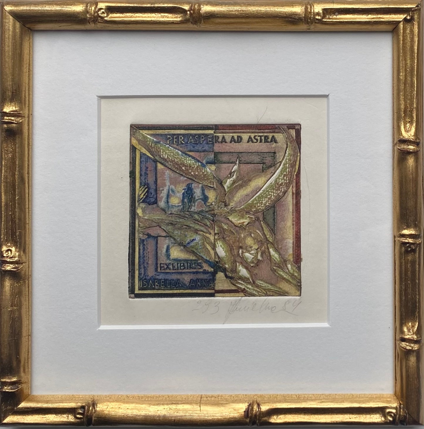 Antanas Kmieliauskas | Ekslibris Isabella Anna, 1984 | Pop., autorinė technika (spalv. tekstolito estampas), 6,9x6,9 (16.7x16.7)