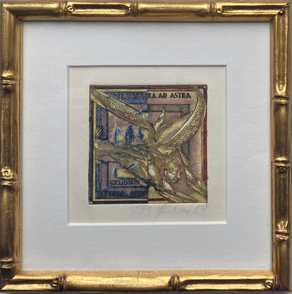 Antanas Kmieliauskas | Ekslibris Isabella Anna, 1984 | Pop., autorinė technika (spalv. tekstolito estampas), 6,9x6,9 (16.7x16.7)