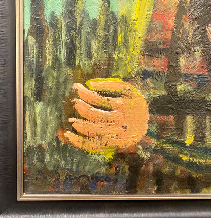 Augustinas Savickas | Woman and Yellow Sky, 1996 | Oil on cardboard, 122x60.5 (137x75)