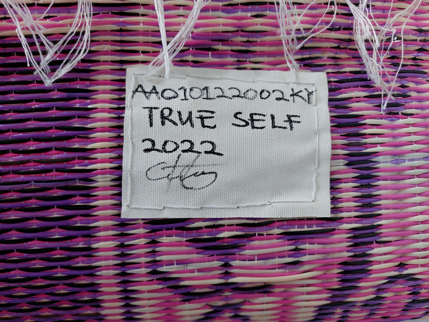Emmanuel Kwaku Yaro (b. 1995, Ghana) | True Self, 2022 | Acrylic, woven Nylon and burlap on plastic, 182x136